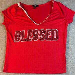 Minette Womens‎ Blessed Rhinestone Graphic V-Neck Lace Trim Red T-Shirt Small
